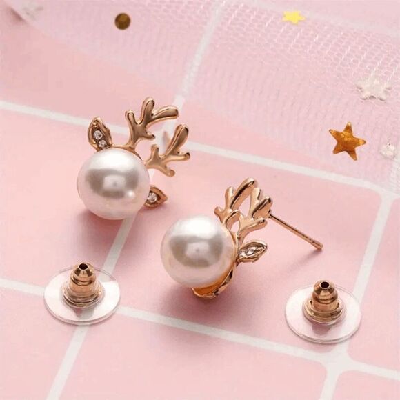 Reindeer Pearl Diamond Gold Plated Stud Earrings - Picture 6 of 7